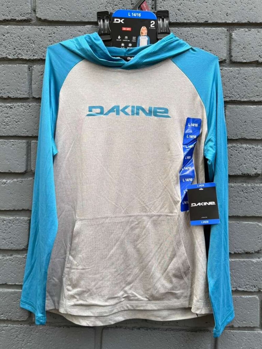 Dakine Swim Boys 2-piece Swim Set Rash Guard UPF 30+ Quick Dry Blue Gray Hooded